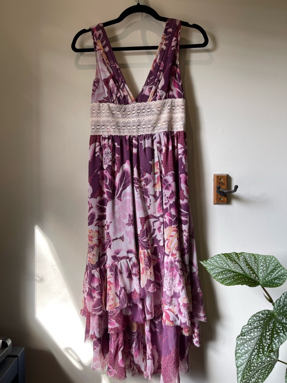 Free People Purple Floral High-Low V-Neck Dress with Lace Waist